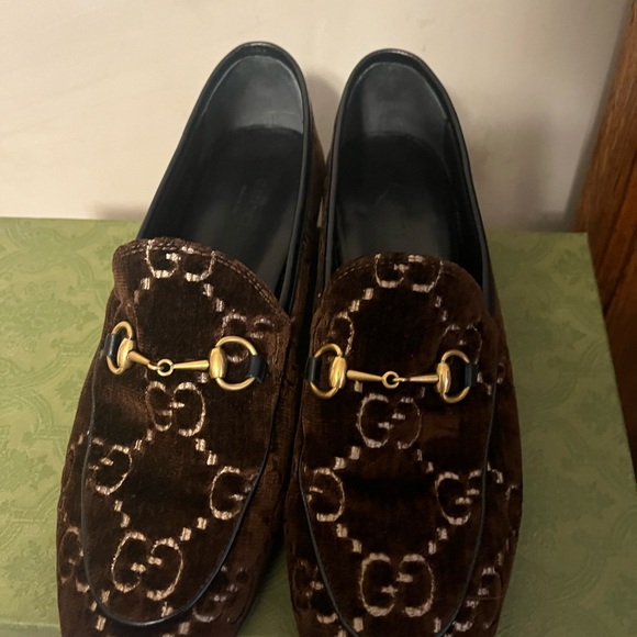 Gucci Brown Velvet Loafers with Gold Accent